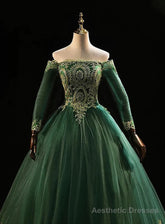 Dark Green Sleeves with Gold Lace Sweet 16 Dress, Dark Green Long Formal Dress